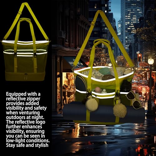 Mesh Beach Bag with Cooler Large Travel Family Vacation Essentials Pool Swimming Zipper Pocket Durable 9 Pockets - color: Yellow-green