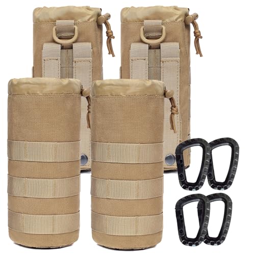 Water Bottles Pouches - 1000D Tactical Molle Drawstring 32OZ Hydration Carrier Bag - color: Pack of 4 Tan