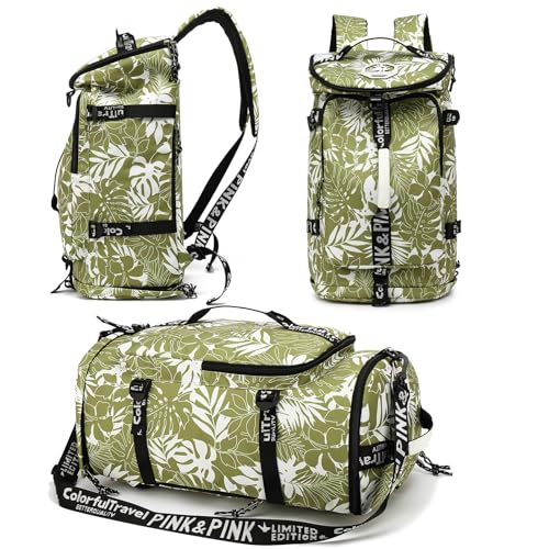 Floral gym duffel bag backpack, fashion wrestling bag,with shoe compartment, 4 kinds of back method waterproof travel sports walking laptop Lightweight (A-Floral Green) - color: A-Floral Green