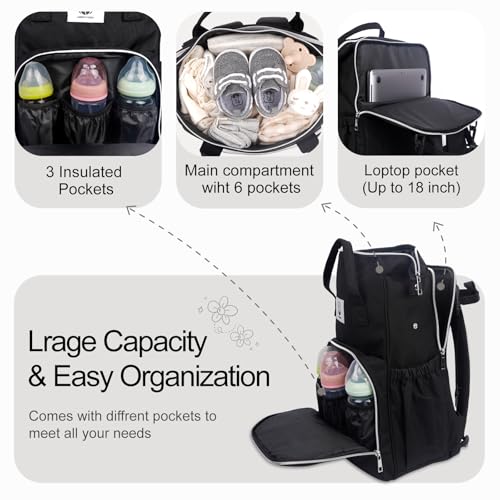 Diaper Bag with Changing Pad, Large Baby Bags Backpack with Stroller Straps & Insulated Pockets, Multifunction Waterproof Travel Diapers Back pack for Women & Man, Black - color: Black