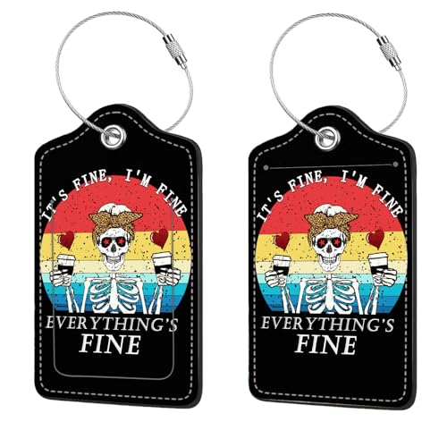 2 Pcs Luggage Tags for Suitcase, Cute Unique PU Leather Travel Bag Tag with Privacy Cover ID Label Address Card and Durable Metal Ring Suitable for Men Women Children Backpack,Human Skull - color: Human Skull