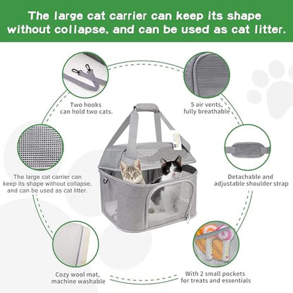 Large Cat Carrier for 2 Cats, Soft Side Pet Carrier for Cats Small Dog, Collapsible Travel Dog Carrier Bag TSA Airline Approved Dog Carrier Backpack,Grey
