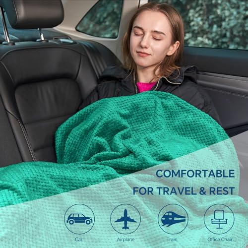 BEDELITE Travel Blanket with Bag, Ultra-Soft Jacquard Fleece Blanket with Luggage Sleeve & Backpack Clip, Airplane Blanket Travel Essentials, Teal - color: Teal