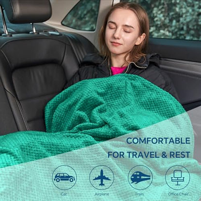 BEDELITE Travel Blanket with Bag, Ultra-Soft Jacquard Fleece Blanket with Luggage Sleeve & Backpack Clip, Airplane Blanket Travel Essentials, Teal - color: Teal
