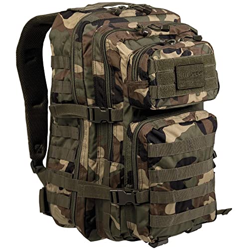 Mil-Tec Unisex Assault Pack - Rugged Durable Lightweight Ergonomic Versatile Tactical Outdoor Camping Hiking Backpack with Adjustable Padded Shoulder Straps & MOLLE Loops, Woodland Camo, 36L - color: Woodland Camo, style: 36l