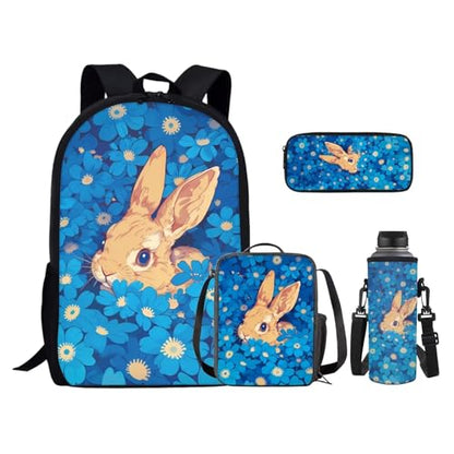 Cute Rabbit Backpack for Girls Blue Hippie Flowers School Backpack with Lunch Bag Pencil Case and Water Bottle Holder Kids Daypack Novelty School Bags for Elementary Middle School - color: Cute Rabbit Blue Hippie Flowers