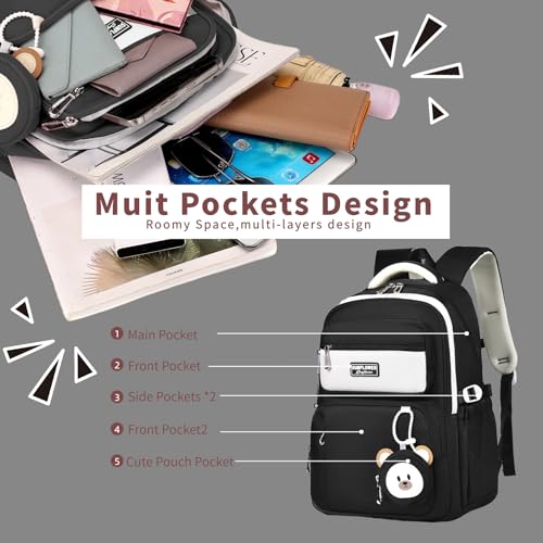 Leaper Preppy Backpack for Teens : 18.5 inch Bookbag Multi-pocket for School Daily -Water Resistant Anti Theft Middle Highschool Student - Aged 10-16 - Gifts for Girls and Kids（Black） - color: Black-9802