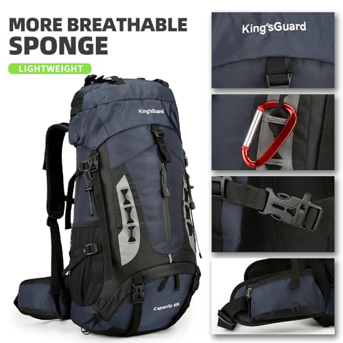King'sGuard 60L Hiking Backpack for Men and Women Lightweight Camping Hiking Backpack with Rain Cover Large Waterproof Travel Backpack Backpacking Pack (Navy Blue) - color: Navy Blue