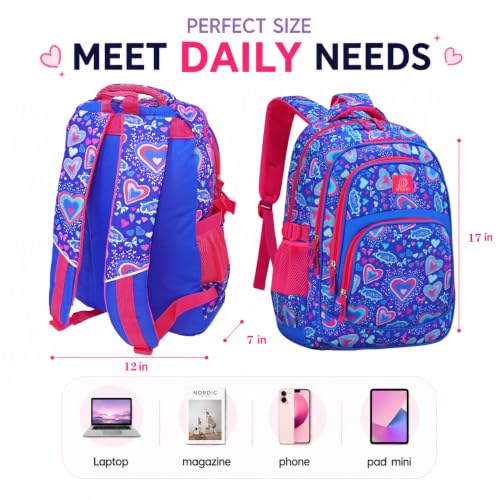 MYGOO Girls School Backpack Grove Heart Blue Bookbag for Elementary Middle School Ages 5-12, 17 inch Large Capacity 24L Kids Student Travel Bags - color: Grove Heart Blue