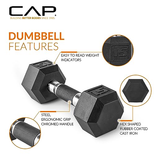 CAP Rubber Coated Hex Dumbbell Set with Storage Rack | 100–210 lb Options, Space-Saving Vertical Compact Storage for Home Gym Strength Training - size: 150 lb - Set, style: Comfort Handle