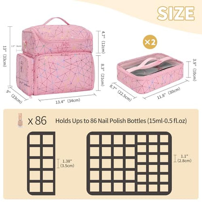 CUBETASTIC Extra Large Nail Polish Organizer Case Holds 86 to 100+ Bottles Nail Polish & Nail Lamp, Nail Supplies Storage Carrying Bag with 2 Removable Pouches (Triangle Pink, 86 Slots) - color: Triangle Pink
