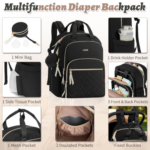 Diaper Bag Backpack, 27L Large Quilted Small Baby Bag with Changing Pad & Pacifier Case, Stroller Hooks, Easy-Access Baby Essential, Maternity Travel Backpack Unisex, Black - color: Black, size: Large