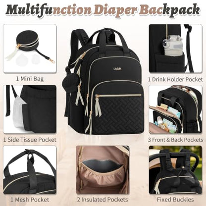 Diaper Bag Backpack, 27L Large Quilted Small Baby Bag with Changing Pad & Pacifier Case, Stroller Hooks, Easy-Access Baby Essential, Maternity Travel Backpack Unisex, Black - color: Black, size: Large