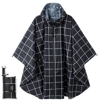 Fashion Hooded Rain Poncho Waterproof Raincoat Jacket with pocket for Women/Men/Adult - color: Black Grid