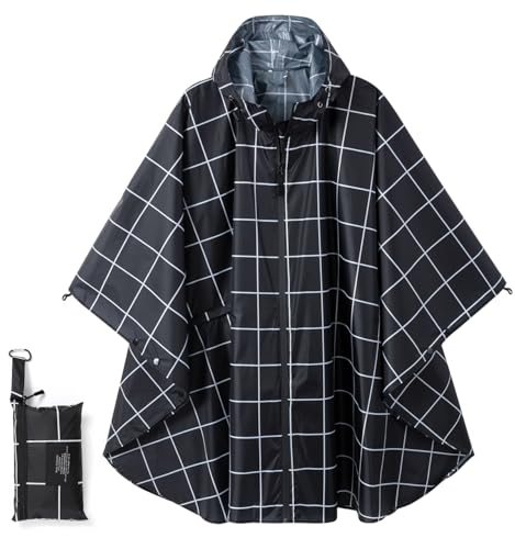 Fashion Hooded Rain Poncho Waterproof Raincoat Jacket with pocket for Women/Men/Adult - color: Black Grid