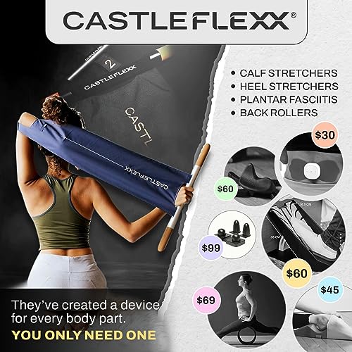CastleFlexx Mobility and Full Body Strengthening Device | Non-Elastic Stretch Strap with Natural Premium Cork Handles for Stretching, Exercise, Physical Therapy, and Yoga | Height up to 5’9” Aqua