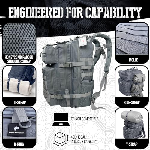 AMERICANPHOENIX 45L Elite Tactical Backpack | 3X Stronger Work & Military Backpack | Water Resistant and Heavy Duty | 3 Day MOLLE Bug Out Bag (Arctic Grey) - color: Arctic Grey