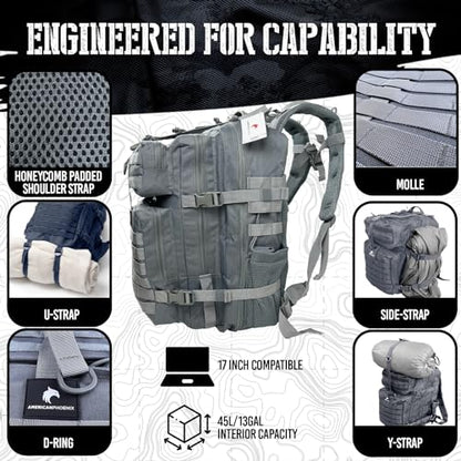 AMERICANPHOENIX 45L Elite Tactical Backpack | 3X Stronger Work & Military Backpack | Water Resistant and Heavy Duty | 3 Day MOLLE Bug Out Bag (Arctic Grey) - color: Arctic Grey