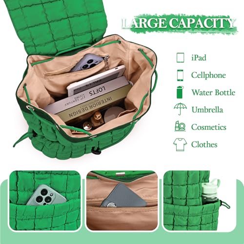 Quilted Puffer Backpack for Women Lightweight Soft Puffy Backpack Purse Casual Daily Drawstring Flap Daypack (Dark Green) - color: Dark Green