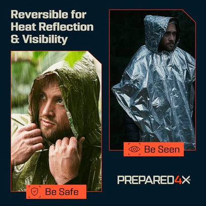 PREPARED4X Emergency Mylar Poncho – Survival Rain Poncho with Hood – Lightweight, Compact, Reusable Emergency Blanket Poncho for Hiking, Camping, Thermal Gear, Car Kit, Outdoors - color: Green 4-pack