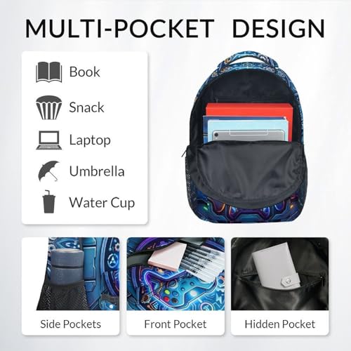 Personalized Backpack for Boys Gaming School Bag for Kids Teens Gamer - 17 Inch Large Capacity Custom Name Bookbag with Video Game for Elementary Middle School - color: Blue