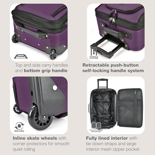 U.S. Traveler Rio Lightweight Softside Rolling Carry-on Suitcase, 2-Wheel Set, Purple - color: Purple, size: 21"/14"