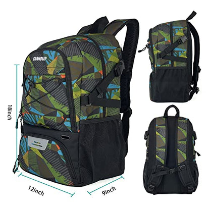 GRANDUP Basketball backpack with ball and shoes compartment Fit Volleyball, soccer, Swim, Gym, Travel, and School, large capacity sports training equipment bags - color: polygon camo