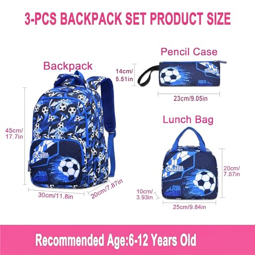 3PCS Kids Backpack Set, School Backpack with Lunch Bag & Pencil Case, Lightweight Waterproof Bookbag for Kids (Soccer Blue) - color: Soccer Blue