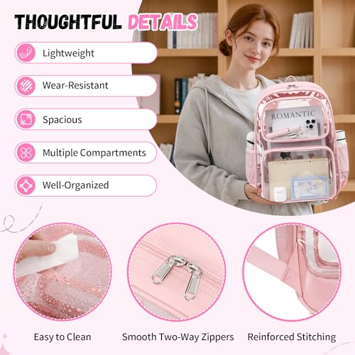 Sisipoet Clear Backpack for School, Heavy Duty Clear Bookbag for Girls Wome Large Transparent Backpack with Oxford Fabric Side Panels 17 Inch, Pink - color: Pink