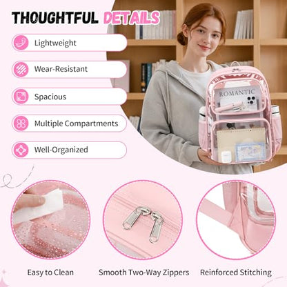 Sisipoet Clear Backpack for School, Heavy Duty Clear Bookbag for Girls Wome Large Transparent Backpack with Oxford Fabric Side Panels 17 Inch, Pink - color: Pink