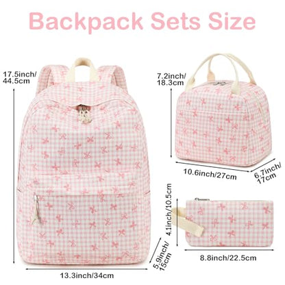 LEDAOU Kids Backpack for Girls Backpacks with Lunch Box, Lightweight Bookbag Set Elementary Middle School Back pack for 8-14 - color: Pink Bow Checkered