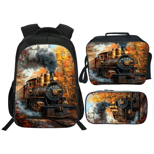 Train Backpack Kids Bookbag 16inch Schoolbag With Lunch Box Bag And Pencil Case Set For Boys Girls - color: Train