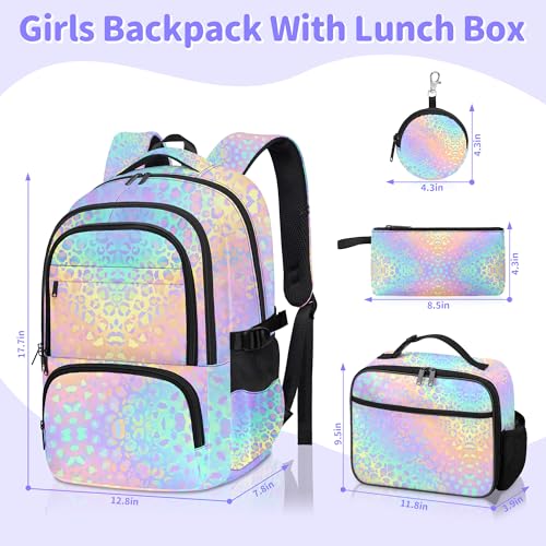 Leopard Print Backpack for Girls, Girls Backpacks with Lunch Box and Pencil Case for School, Kids Leopard Bookbag - color: Leopard