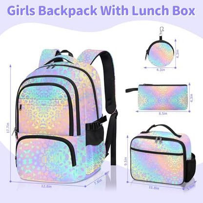 Leopard Print Backpack for Girls, Girls Backpacks with Lunch Box and Pencil Case for School, Kids Leopard Bookbag - color: Leopard