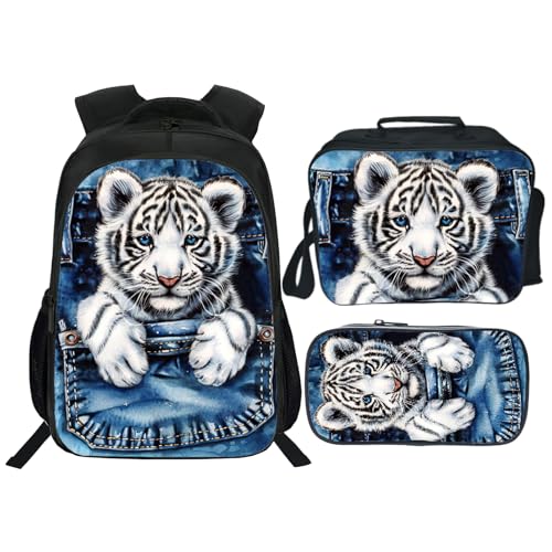 Kids Backpack School Bookbag 16inch Schoolbag With Lunch Box Bag And Pencil Case Set For Boys Girls - color: Tiger