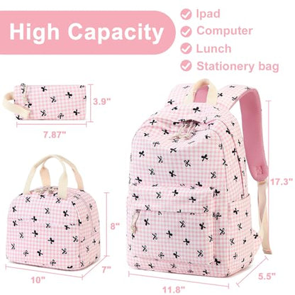 LEDAOU Backpack for Girls School Bag Kids Bookbag Teen Backpack Set Daypack with Lunch Bag and Pencil Case | Kids - color: B -Pink Checkered Bowtie -6
