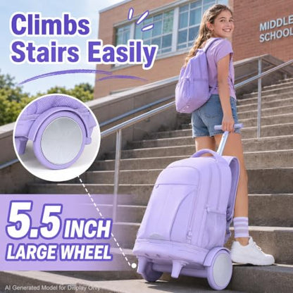 AGSDON Quiet Glide Rolling Backpack with Lunch Box Set - Large Wheel Water-Resistant Wheeled Bag for Business, Travel, and College | Lavender Purple 3-in-1 Organizer Backpack - color: Reflective Purple - Rolling Backpack