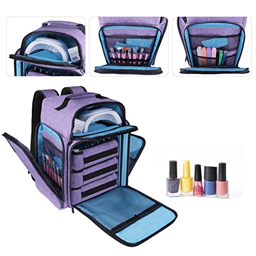 Nail Polish Organizer Backpack Holds 108 Bottles(15ml - 0.5 fl.oz) and a Nail Lamp, with 3 Removable Storage bag for Nail Tech(Purple)