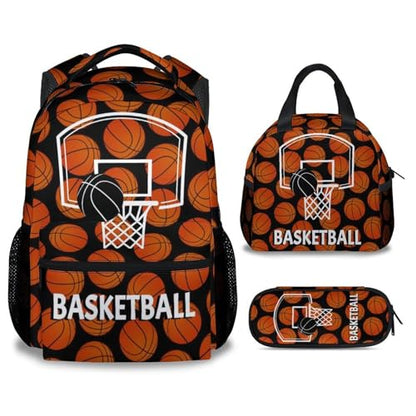 Mercuryelf Basketball Backpack with Lunch Box And Pencil Case, Elementary Kindergarten School Preschool Bookbag for Boys Girls Kids, Set of 3 - color: Basketball-3-2