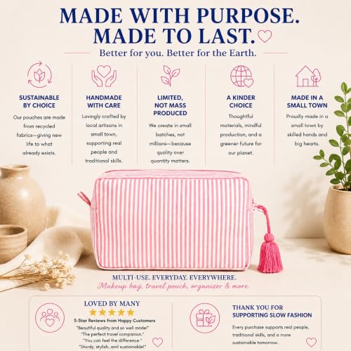 Huar Travel Makeup Bag - Large Capacity Cosmetic Bags for Women - color: Pink Stripe
