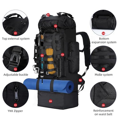 70L/100L Camping Hiking Backpack with Rain Cover, Expandable Large Military Tactical Backpack, Waterproof Molle Racksack Travel Backpacking Daypack for Climbing Trekking (Black) - color: Black