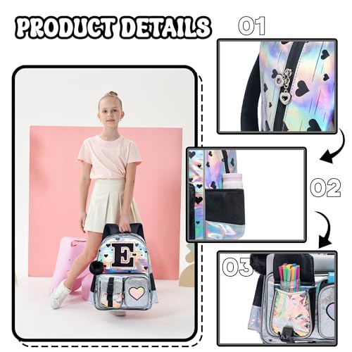 HTgroce Backpacks for Girls School Bag Kids Black Bookbag for Elementary Students Kids Backpack with Lunch Box and Pencil Case - color: Silver, style: E