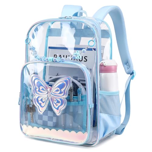 MUSEVOS Clear Backpack for School, Clear Bookbag for Girls PVC Heavy Duty Transparent Backpack, Blue Butterfly - color: Blue