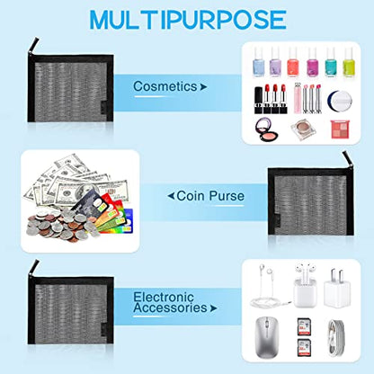 EASYFUN Small Zipper Pouch，6 Pieces Mini Mesh Pouch Coin Purse Portable Cosmetic Case Mesh Storage Bags with Key Kit Small Item Organizer,5 x 4 Inch - color: Dark Black