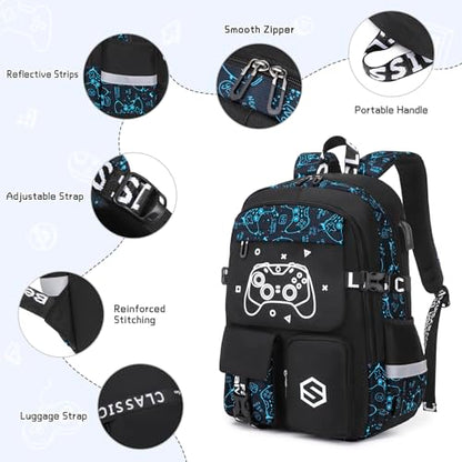 Scothen Boys Backpack, Cool Luminous Gamer School Backpacks for Boys with 14oz Insulated Water Bottle Lunch Bag Pencil Case, Kids Backpack Book Bags for Kindergarten Elementary Middle School - color: Blue Pattern