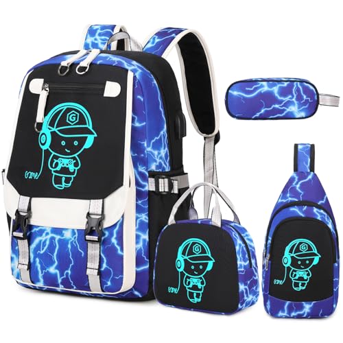 Bevalsa Backpack for Boys, Cool Luminous Boys Backpack with Sling Bag, Lunch Box & Pen Case, School Bags for Kids Children Teens Elementary Middle Schools, Bookbag Glow In The Dark (Lightning) - color: Lightning
