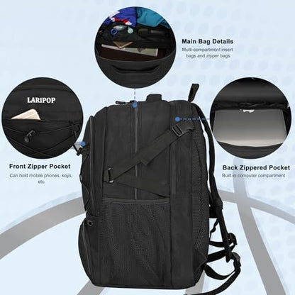 LARIPOP Basketball Backpack Large Basketball Bag with Ball Holder & Shoe Compartment for Adults Men Women - color: Black