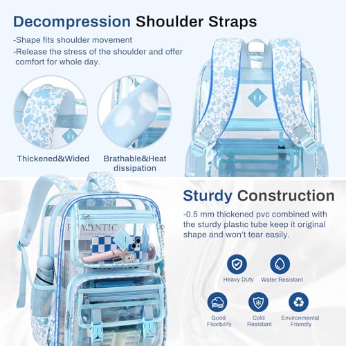 Sisipoet Clear Backpack for School, PVC Clear Bookbag Heavy Duty Transparent Backpack for Stadium Events See Through Bag - color: Blue Flower