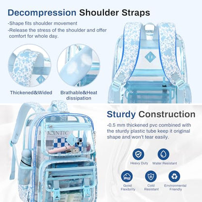 Sisipoet Clear Backpack for School, PVC Clear Bookbag Heavy Duty Transparent Backpack for Stadium Events See Through Bag - color: Blue Flower