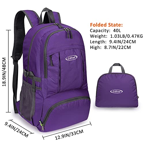 G4Free 40L Lightweight Packable Hiking Backpack, Waterproof Travel Daypack - color: Purple